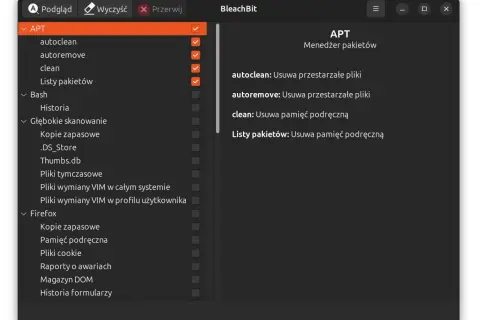 BleachBit czyści pamięć podręczną systemu, usuwa przestarzałe pakiety APT i pliki tymczasowe.