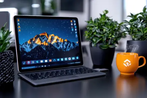 Laptop z górskim krajobrazem na pulpicie, obok parująca pomarańczowa filiżanka i rośliny. Idealne miejsce do nagrywania ekranu komputera.