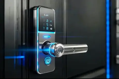 Nowoczesny smart lock na drzwiach, z podświetlaną klawiaturą i uchwytem. To przyszłość bezpieczeństwa, czyli smart lock co to jest.