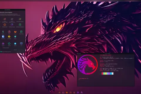 Smok z ognistymi oczami na tle pulpitu z logo Garuda Linux. Widoczny panel powitalny i terminal z informacjami o systemie.