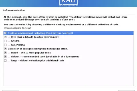 Ekran wyboru oprogramowania podczas instalacji Kali Linux z USB. Zaznaczono środowisko Xfce i popularne narzędzia.