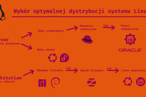 Wykres wyboru dystrybucji Linuxa: serwer (duża/mała serwerownia, wsparcie techniczne/praca samodzielna) lub workstation (Windows/macOS friendly, Linux Experience).