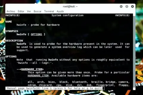 Terminal Linux z opisem narzędzia hwinfo, służącego do analizy sprzętu.