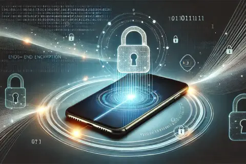 Telefon z symbolami kłódki i tekstem "END-TO-END ENCRYPTION" ilustruje szyfrowanie wiadomości.