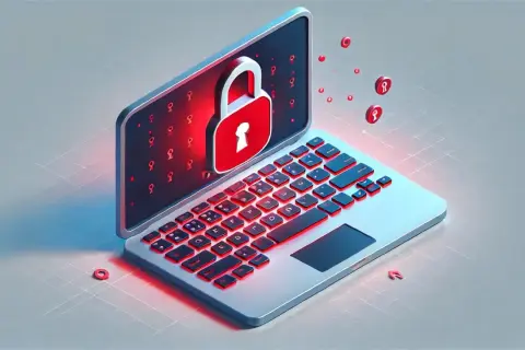 Laptop z czerwonym zamkiem na ekranie, symbolizującym bezpieczeństwo. Wokół unoszą się małe ikony kłódek. Zastanawiasz się, keylogger co to?