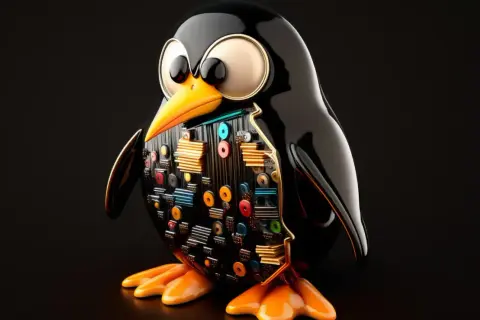 Tux, maskotka Linuksa, z widocznymi elementami płyty głównej, symbolizuje najnowszy linux i jego zaawansowaną technologię.