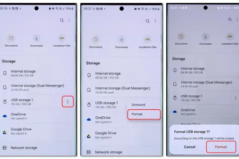Formatowanie karty SD: wybierz opcję "Format" dla USB storage 1, aby wyczyścić dane.