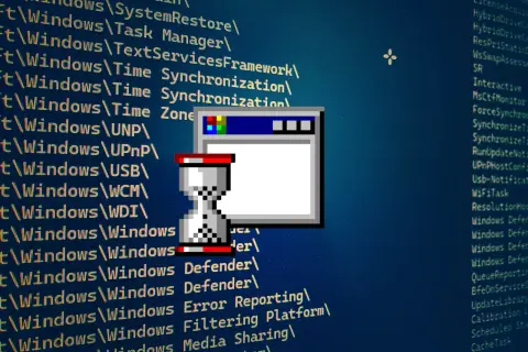 Ikona klepsydry i okno dialogowe symbolizują usuwanie aplikacji z systemu Windows.