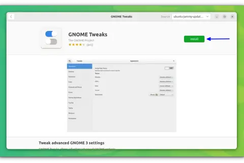 Okno aplikacji GNOME Tweaks, gotowe do instalacji. Pozwala na zaawansowane dostosowanie ustawień GNOME.