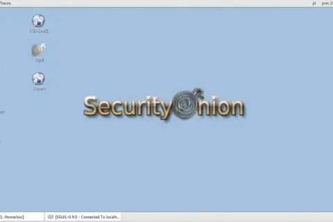 Pulpit z ikonami: Home, Trash, Setup, CyberChef, Kibana, README, Sguil, Squert. W centrum logo "Security Onion".