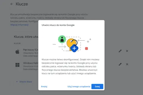 Konfiguracja klucza bezpieczeństwa dla konta Google. Możesz użyć Windows Hello do bezpiecznego logowania.