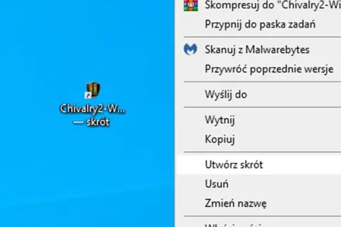 Menu kontekstowe z opcją "Utwórz skrót" obok ikony gry Chivalry 2.