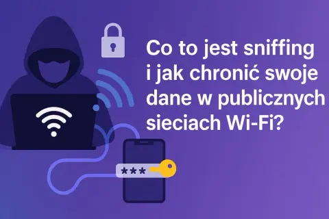 Sylwetka hakera przy laptopie, symbol kłódki i hasła na telefonie. Dowiedz się, co to jest sniffing i jak chronić dane w publicznych sieciach Wi-Fi.