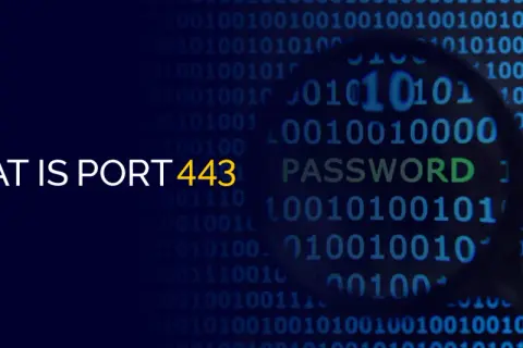Co to jest port 443? Obraz przedstawia kod binarny i hasło, sugerując bezpieczeństwo sieci.