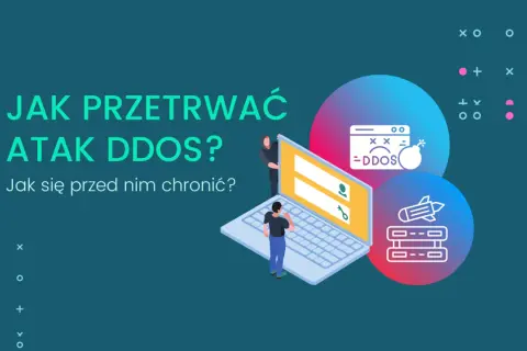 Jak przetrwać atak DDoS? Grafika pokazuje laptopa, na którym wyświetla się komunikat o ataku DDoS, oraz ikonę bomby i rakiety.