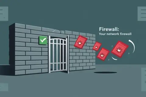 Solidna ściana z cegły, symbolizująca firewall, blokuje czerwone paczki z wirusami. Zielony znaczek potwierdza bezpieczeństwo.