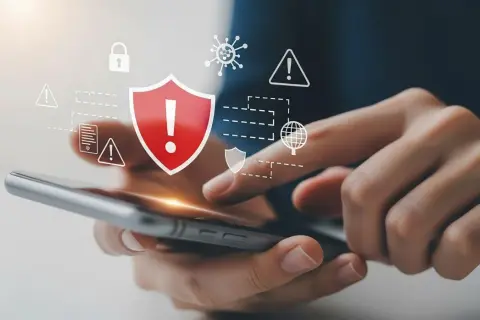 Dłonie trzymające smartfon, nad którym unoszą się ikony symbolizujące bezpieczeństwo i ochronę przed zagrożeniami. To pokazuje, co to jest antywirus w praktyce.