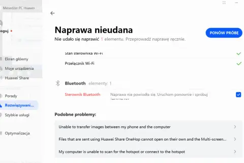 Nieudana naprawa sterownika Bluetooth. Aby włączyć Bluetooth na PC, spróbuj ponownie.