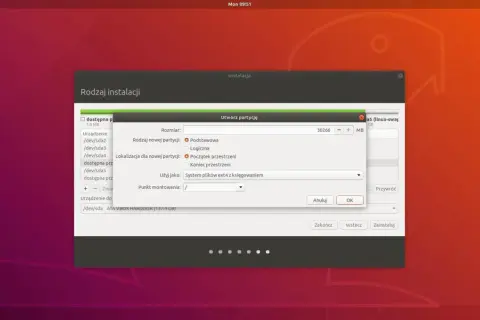 Okno instalatora Ubuntu do tworzenia partycji. Można tu wybrać rodzaj partycji, jej lokalizację i system plików, np. ext4.