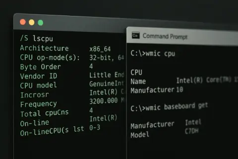 Terminal z komendami `lscpu` i `wmic` pokazuje szczegóły procesora, jak nazwa Intel Core i częstotliwość. To jakby `cpu-z linux` w akcji.