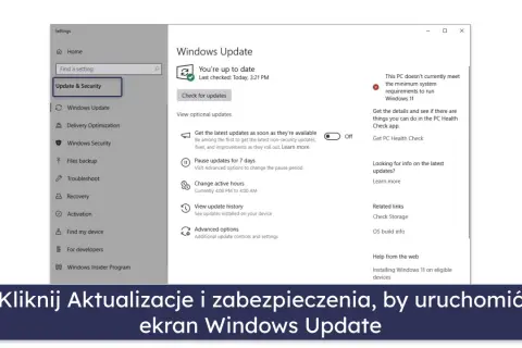 Ekran Ustawień Windows 10, sekcja Aktualizacje i zabezpieczenia. Widoczny komunikat o braku zgodności z wymaganiami Windows 11.