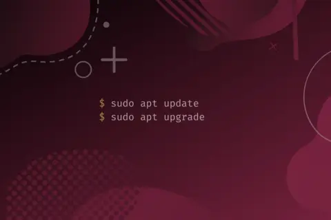 Abstrakcyjne tło w odcieniach burgundu z komendami terminala: `sudo apt update` i `sudo apt upgrade`.