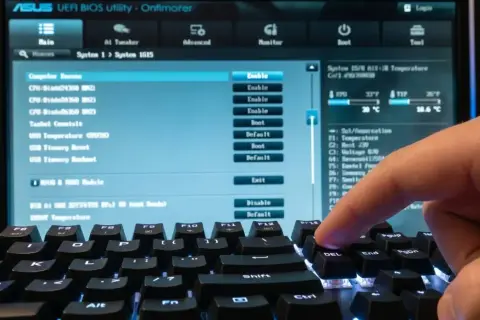 Palec naciska klawisz DEL, aby wejść do BIOS-u ASUS UEFI. Widok ekranu z ustawieniami komputera.