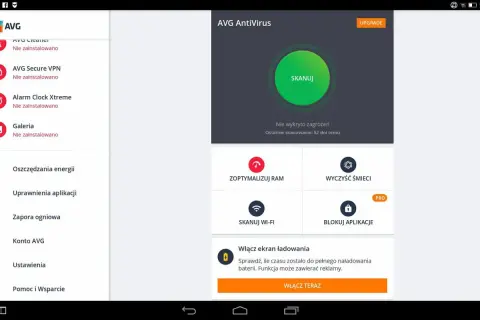 Ekran aplikacji AVG AntiVirus. Widoczne opcje: Skanuj, Zoptymalizuj RAM, Wyczyść śmieci. Brak opcji jak odinstalować AVG.