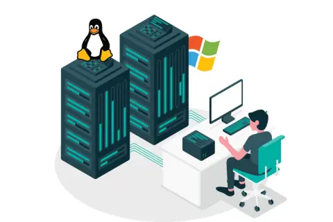 Osoba przy biurku zarządza serwerami, na jednym z nich siedzi pingwin Linux, obok powiewa flaga Windows. To obrazuje świat chmury, gdzie Azure Linux współistnieje z innymi technologiami.