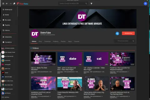 Strona kanału DistroTube w aplikacji FreeTube. Widzisz logo, nazwę kanału i listę filmów, np. o AI i Linuxie.