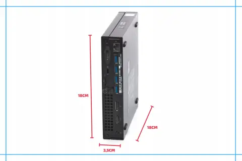 Kompaktowy komputer Dell Optiplex 790, wymiary 18x18x3,5 cm, z portami USB i HDMI.