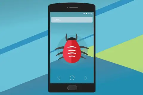 Grafika przedstawia smartfon z czerwoną kropką przypominającą wirusa na ekranie. Dowiedz się, jak wyczyścić telefon z wirusów.