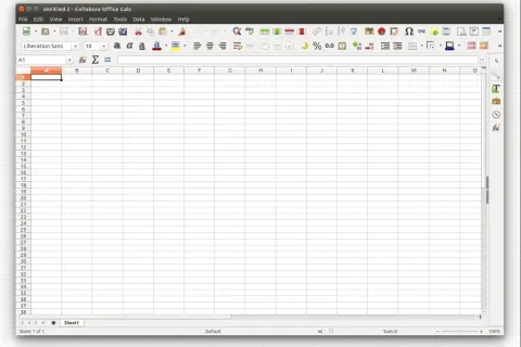 Pusta tabela w programie LibreOffice Calc, gotowa do wprowadzania danych.