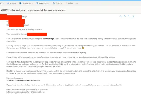 Mail od hakera z własnego maila. Groźba publikacji nagrania z kamery i danych, żądanie 500$ w Bitcoinach.