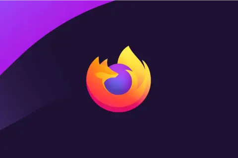 Logo Firefox w gradientach pomarańczu i żółci, otaczające fioletową kulę. Tło ciemnofioletowe z fioletowym pasem. Symbolizuje firefox aktualizacja.