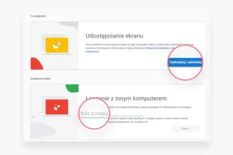 Ekran udostępniania i połączenie z innym komputerem. Kliknij "Zaakceptuj i zainstaluj", by umożliwić zdalny dostęp. To może być pomocne, gdy zastanawiasz się, rdp co to.