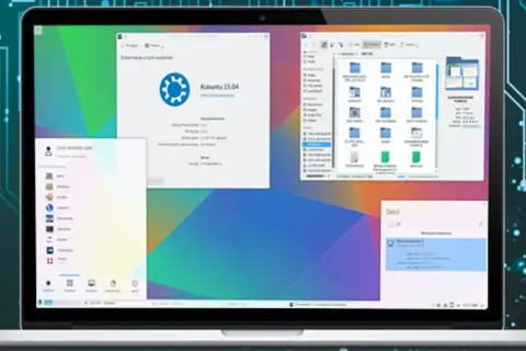 Laptop z systemem Kubuntu 15.04, wyświetlający okna z informacjami o systemie, menedżerem plików i siecią.