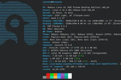 Terminal z Nobara Linux 42, pokazujący informacje o systemie, kernelu, sprzęcie i ustawieniach.