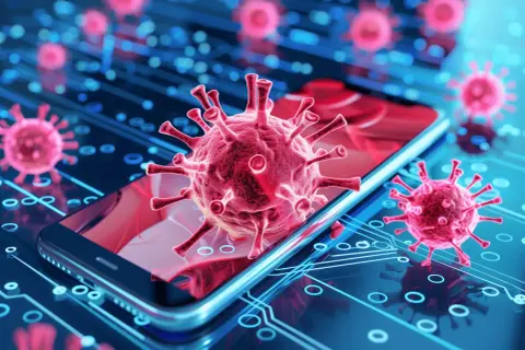 Czerwony wirus w telefonie na tle niebieskich obwodów drukowanych. Cyfrowa inwazja wirusa w technologii.