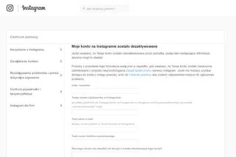Formularz odwoławczy od dezaktywacji konta na Instagramie. Możliwy wirus na Instagramie? Wypełnij dane, by odzyskać dostęp.