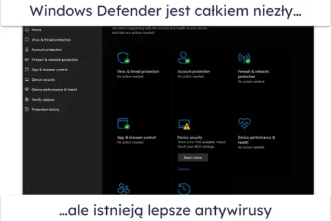 Interfejs Windows Defender pokazuje status ochrony: wirusów, konta, sieci i aplikacji. Wszystko działa poprawnie.