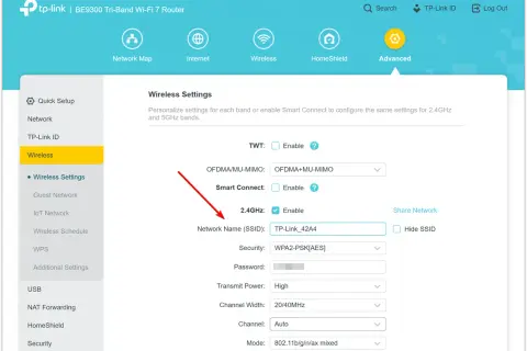 Ustawienia sieci bezprzewodowej routera TP-Link. Widoczny identyfikator sieci (SSID) to TP-Link_42A4.