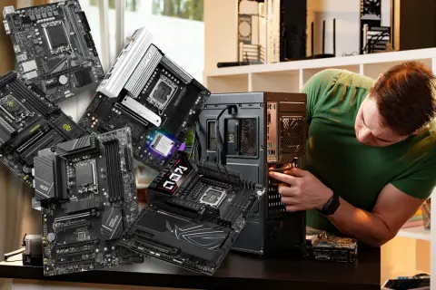 Mężczyzna składa komputer, wokół niego piętrzą się płyty główne z gniazdem socket 1700.