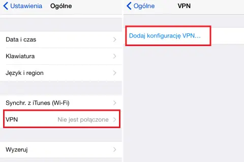 Ekran iPhone'a z opcją "Dodaj konfigurację VPN..." oraz sekcją "VPN" z informacją "Nie jest połączone".