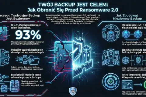Grafika przedstawia zagrożenia związane z atakami **conti ransomware** i sposoby budowania odpornego backupu. Widać tu zniszczone sejfy, zamki, wieże obronne i schematy zabezpieczeń.