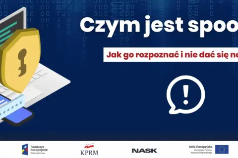 Grafika ilustruje czym jest spoofing: laptop, telefon, tarcza z kluczem i hasło. Jak go rozpoznać i nie dać się nabrać?