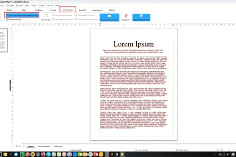 W oknie LibreOffice Draw włączona jest "Automatyczna Rechtschreibprüfung" w zakładce "Änderungen".