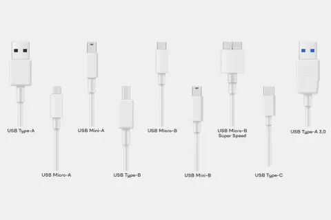 Różne rodzaje złączy USB: Type-A, Mini-A, Micro-B, Type-B, Mini-B, Type-C, Micro-A, Type-A 3.0.