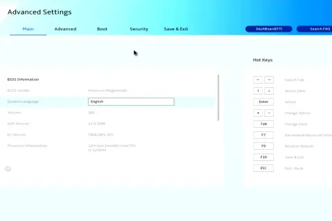 Ekran ustawień zaawansowanych, gdzie widać informacje o BIOS, co to bios i skróty klawiszowe.