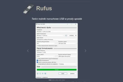 Rufus tworzy bootowalny USB z Windows 11. Widok programu Rufus, przygotowanie nośnika.